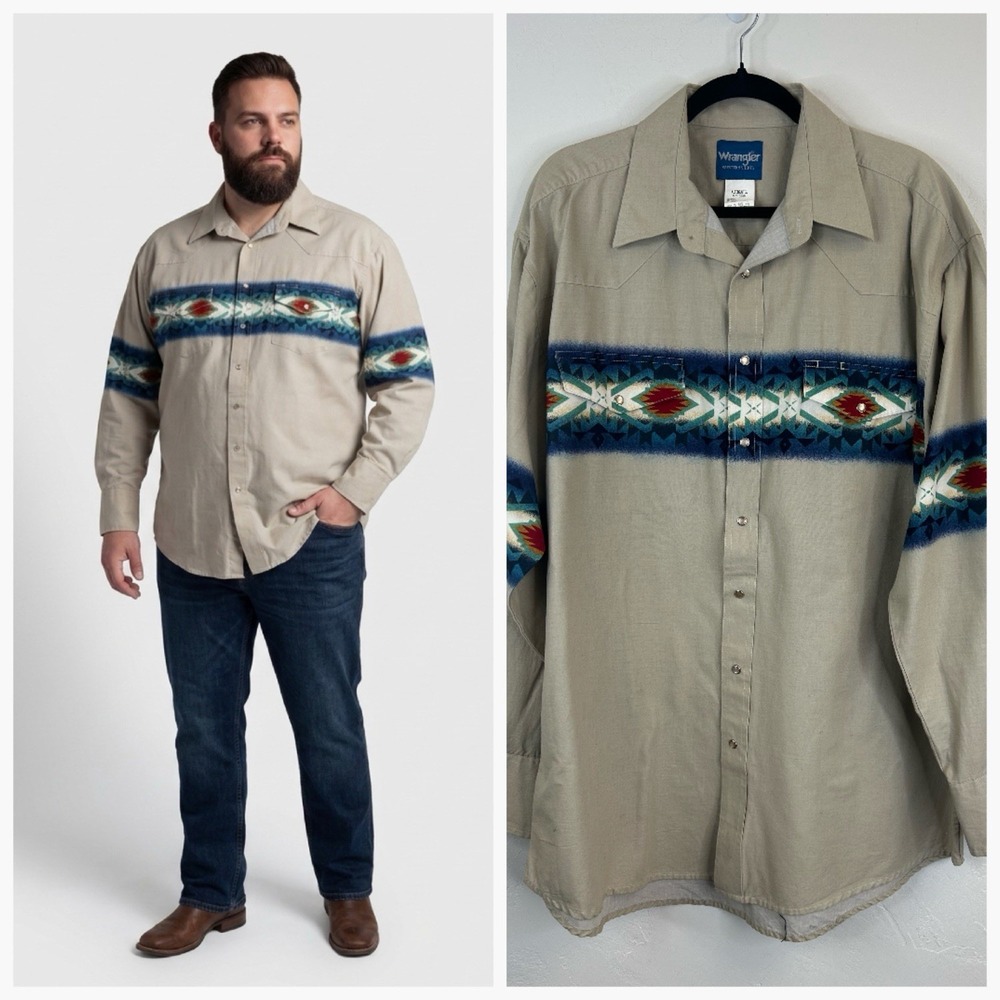 Wrangler Vintage Pearl Snap Long Sleeve Shirt Western Cowboy Southwestern Aztec